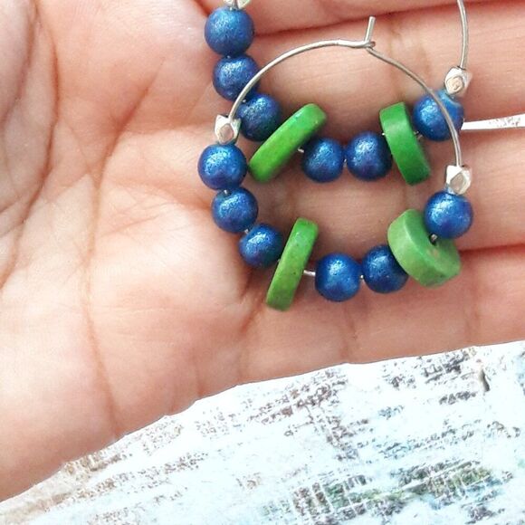 Boho Earrings  417# NEW artisan Asymmetrical BFF swap earrings ,Blue Green earr - Picture 4 of 6